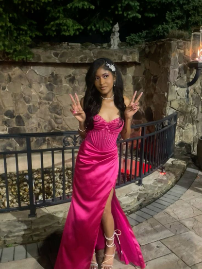 Cute Hot Pink Mermaid Slit Prom Dress Pleated  Party Evening Dress cc2316