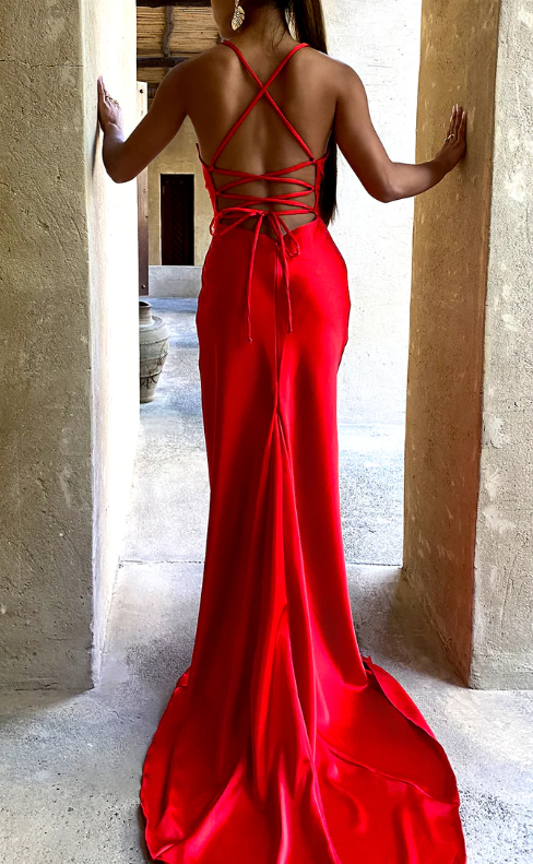 Classic Mermaid Red Cowl Neck Satin Prom Dress cc680