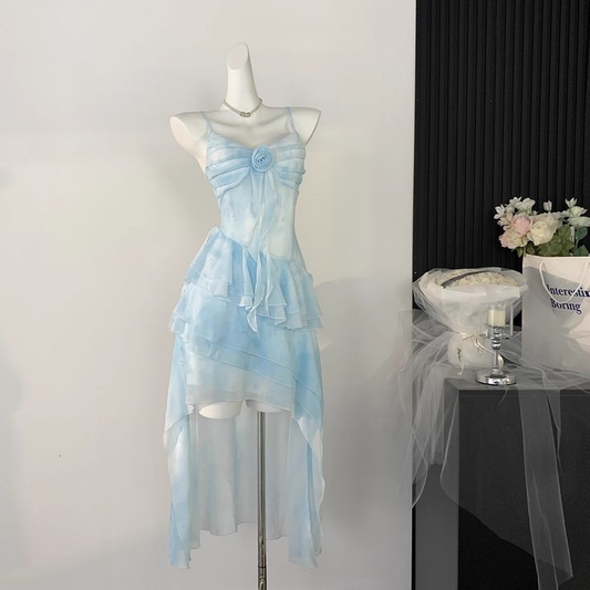 Beautiful High Low Spaghetti Straps Ice Blue Ombre Chiffon Prom Dress Party Dress cc1763