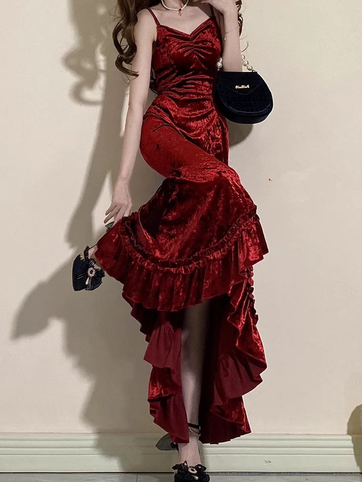 Vintage Burgundy Mermaid Ruffles Prom Dress Spaghetti Straps Long Party Dress Evening Dress cc1461