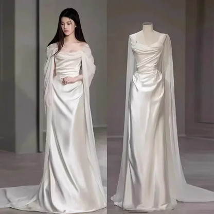 Beautiful Wedding Dress New Simple Two Wear Slim Satin White Prom Dress cc1656