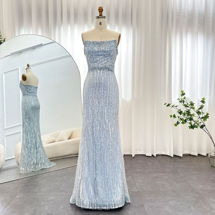 Light Blue Pearls Luxury Dubai Evening Dresses Elegant Strapless Formal Prom Gowns cc1181
