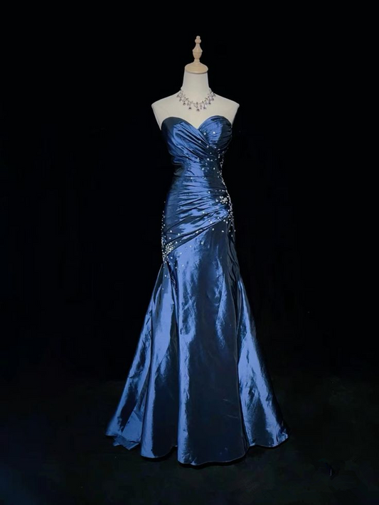 Luxury Blue Strapless Satin Beaded Prom Dress,Mermaid Party Evening Gown cc2495