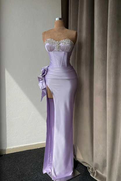 Luxurious Silver Strapless Beaded Slit Evening Dress Sheath Prom Dress cc1654