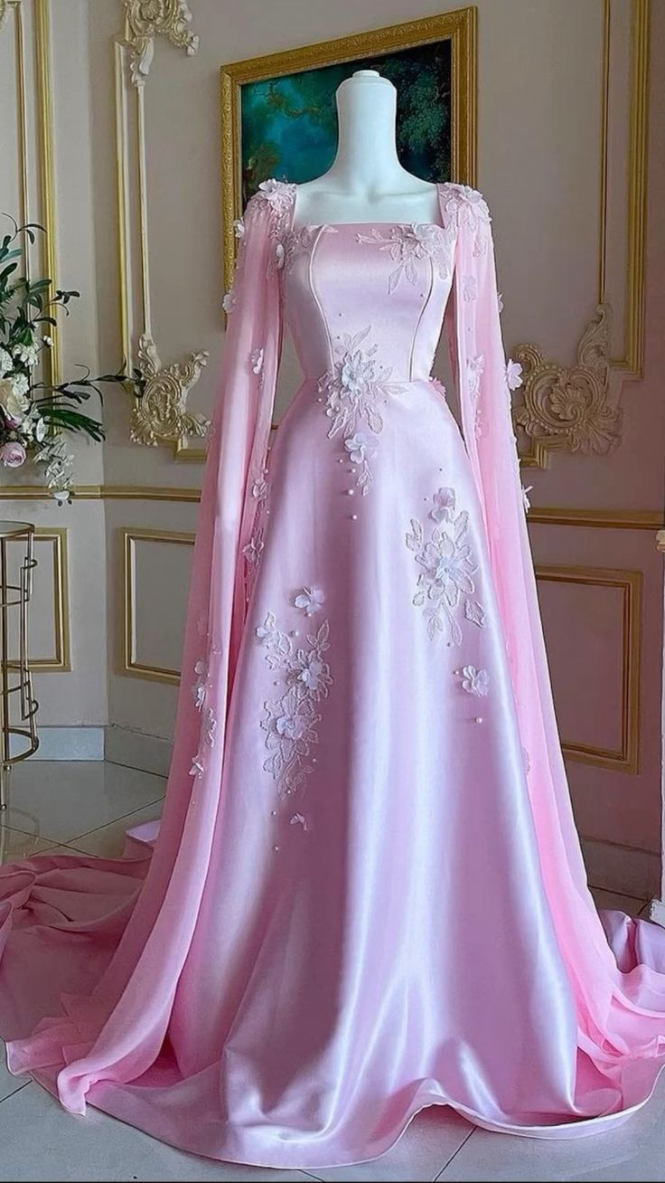 Luxurious Pink Satin Appliques Long A Line Evening Dress Formal Prom Dress With Cape cc1577
