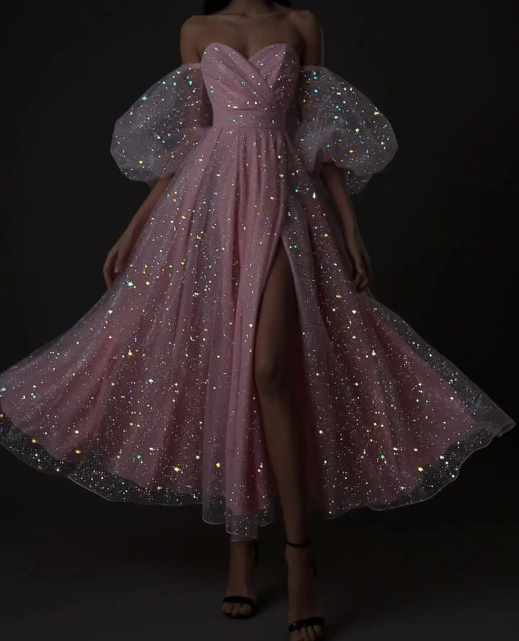 Sparkly Off The Shoulder Slit Pink Knee Length Prom Dress Evening Gown cc1645