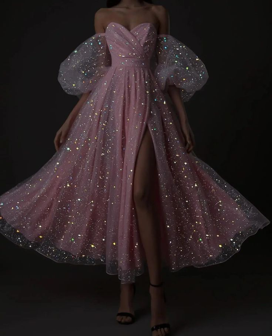 Sparkly Off The Shoulder Slit Pink Knee Length Prom Dress Evening Gown cc1645