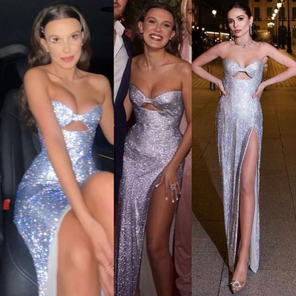 Sexy Mermaid Strapless Sequin Long Prom Dress Lilac Slit Party Evening Dress cc2589