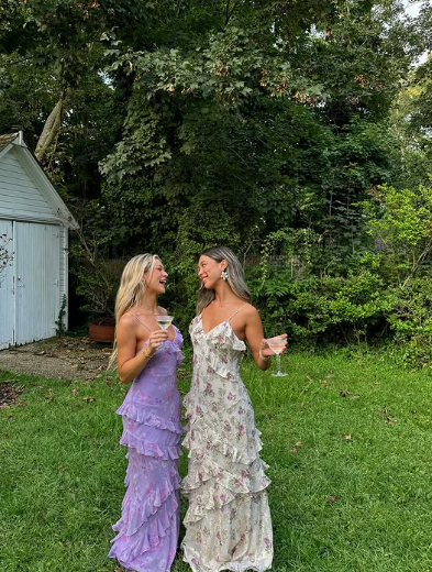 Elegant Purple Chiffon Print Floral Evening Dress,Ruffle Long Party Prom Dress cc2727