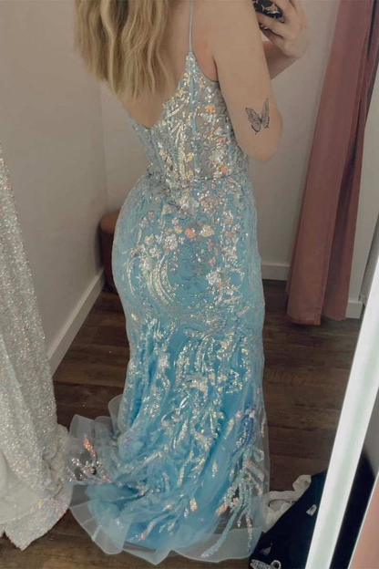 Light Blue Lace Backless Mermaid Long Prom Dress cc1015