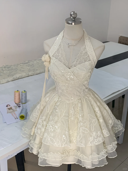 Cute Off-White Halter Lace Sequin Homecoming Dress 16th Birthday Outfits cc3439