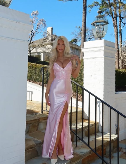 Pretty Pink Satin Appliques Mermaid Evening Dress,Spaghetti Straps Slit Prom Dress cc2716