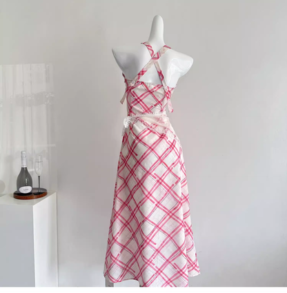 Red White Grid French A Line Vacation Dress Birthday Dress cc3057