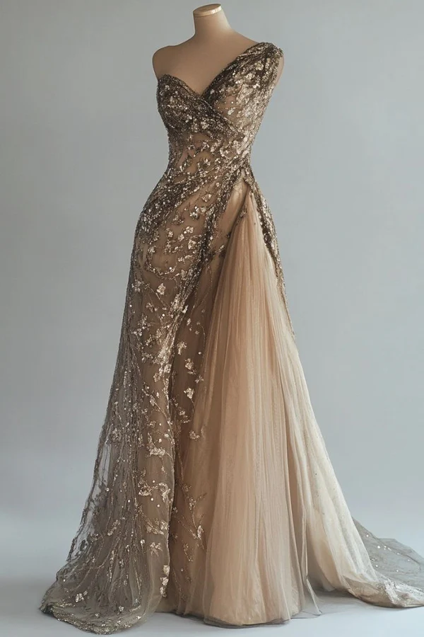 Vintage One Shoulder Champagne Sequins Tulle Long Prom Dress Evening Dress cc2437