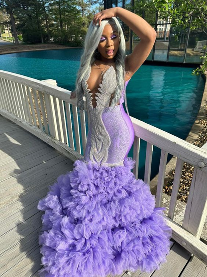 Glamorous Purple Floor Length Sleeveless Mermaid Prom Dress cc1105