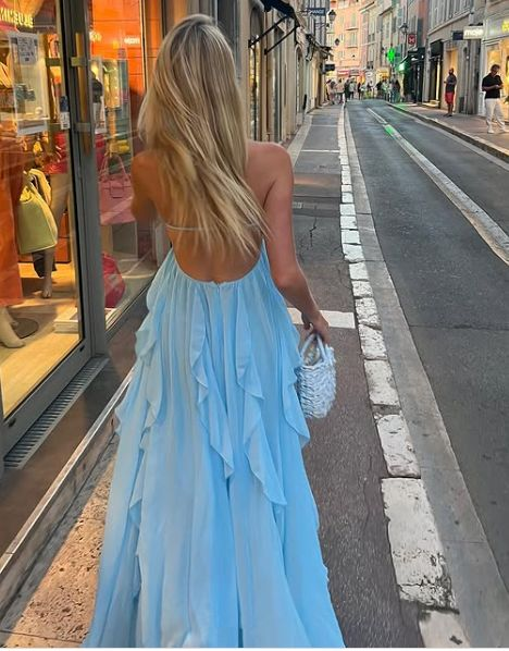 Sexy Halter Blue Chiffon Backless Evening Dress Long Prom Dress cc2197