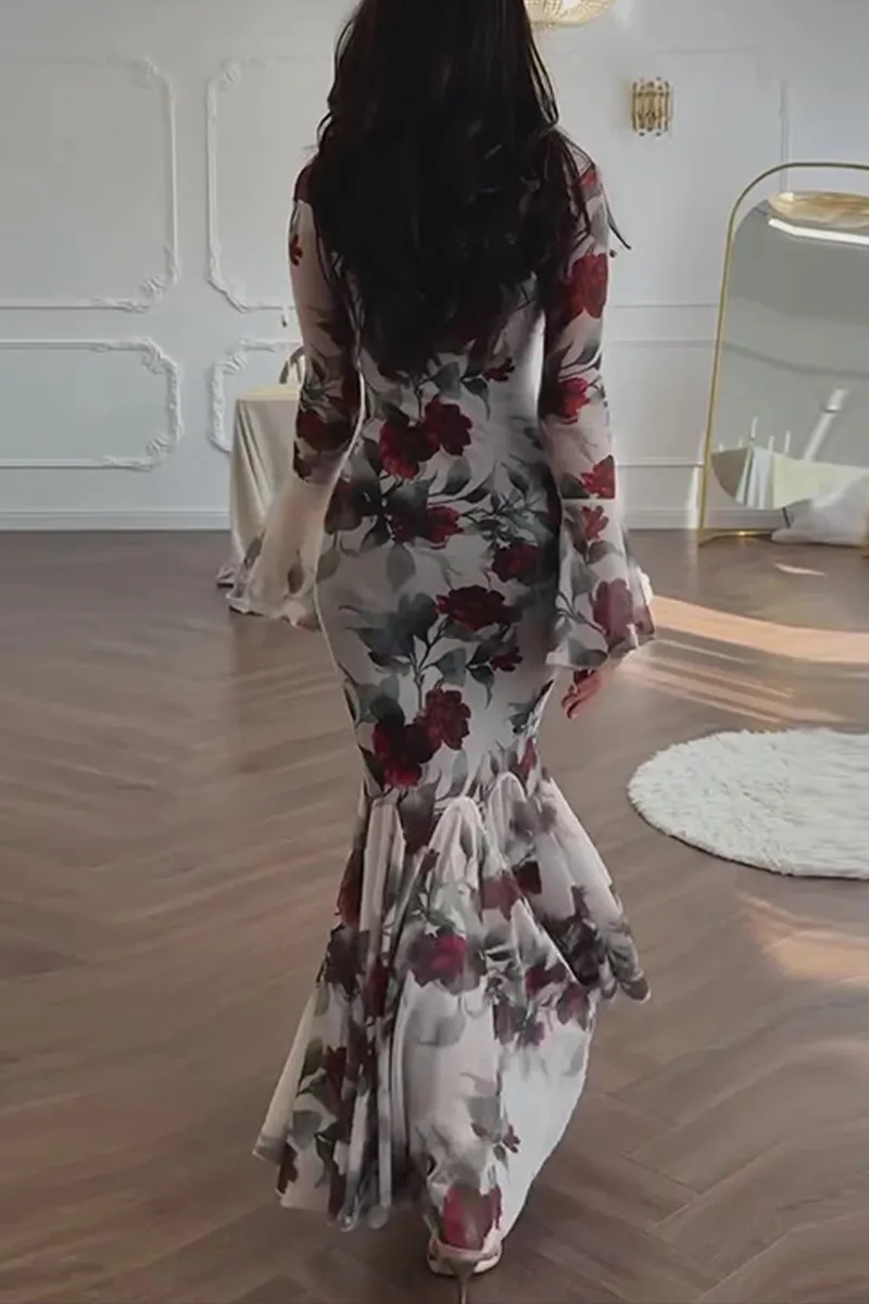 Vintage Mermaid Print Floarl Evening Dress Formal Prom Dress cc2009