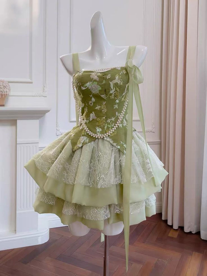 Pretty Green Satin Lace Short homecoming Dress Birthday Outfits cc3121