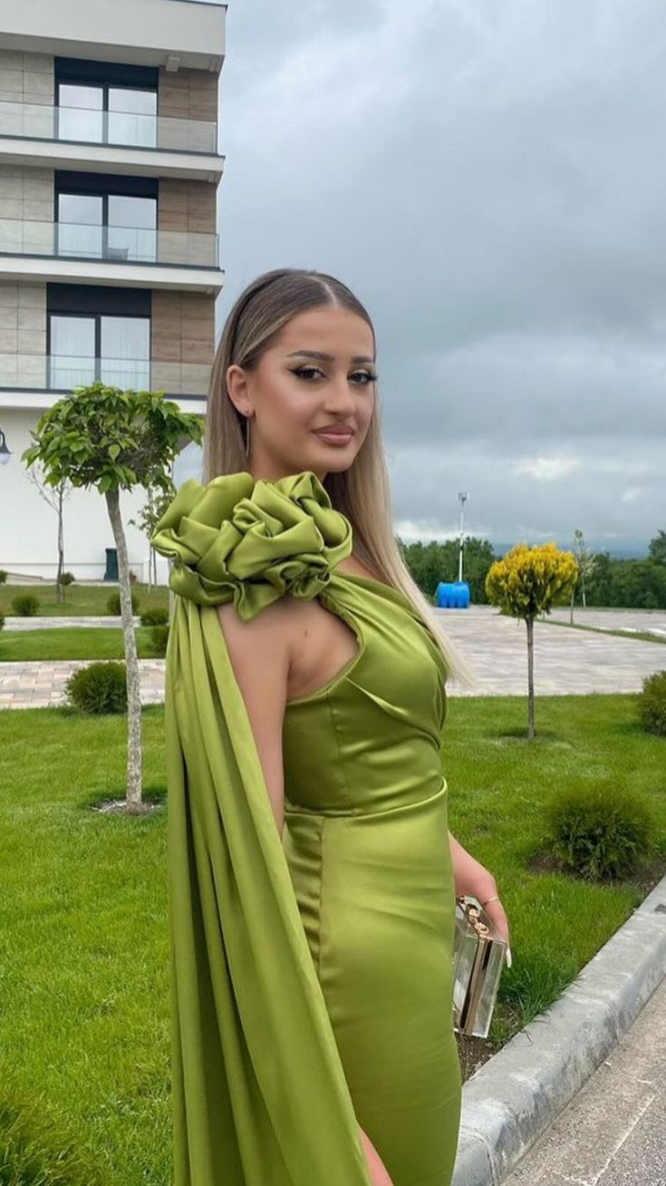 Chic Olive Green Satin Flowers Party Dress Sheath Long Prom Evening Gown cc2418