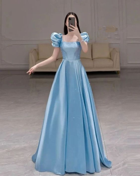 Blue Square Neckline A-line Prom Dress,Blue Princess Dress cc958