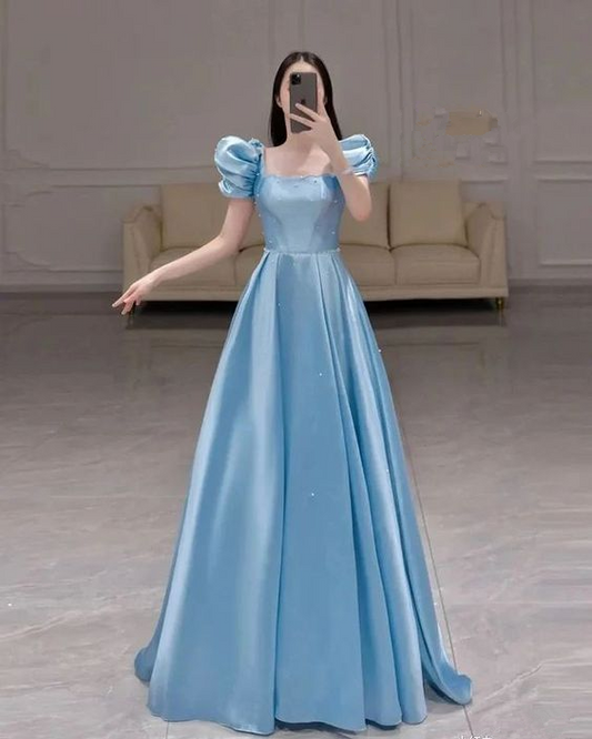 Blue Square Neckline A-line Prom Dress,Blue Princess Dress cc958