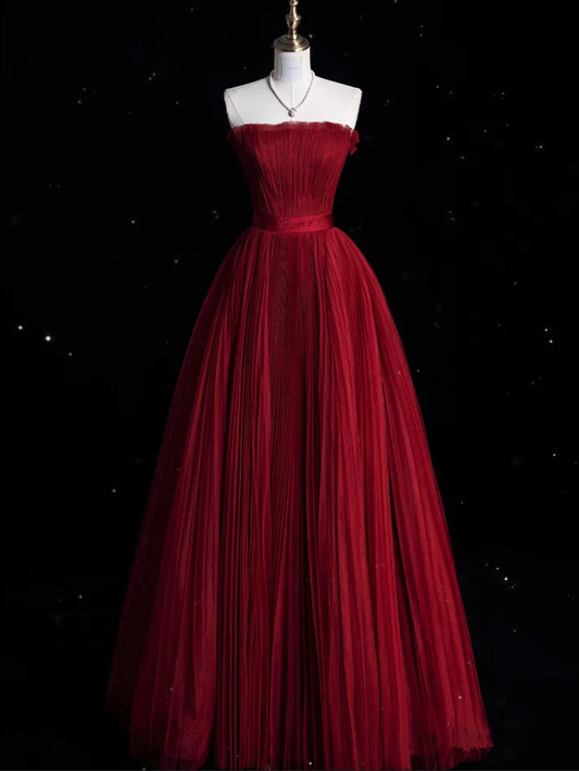 Beautiful Burgundy StraplessTulle Pleated Party Dress Long Prom Evening Dress cc2274