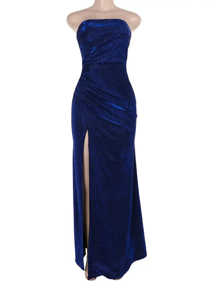 Vintage Blue Sheath Slit Evening Gown Strapless Prom Party Dress cc2297