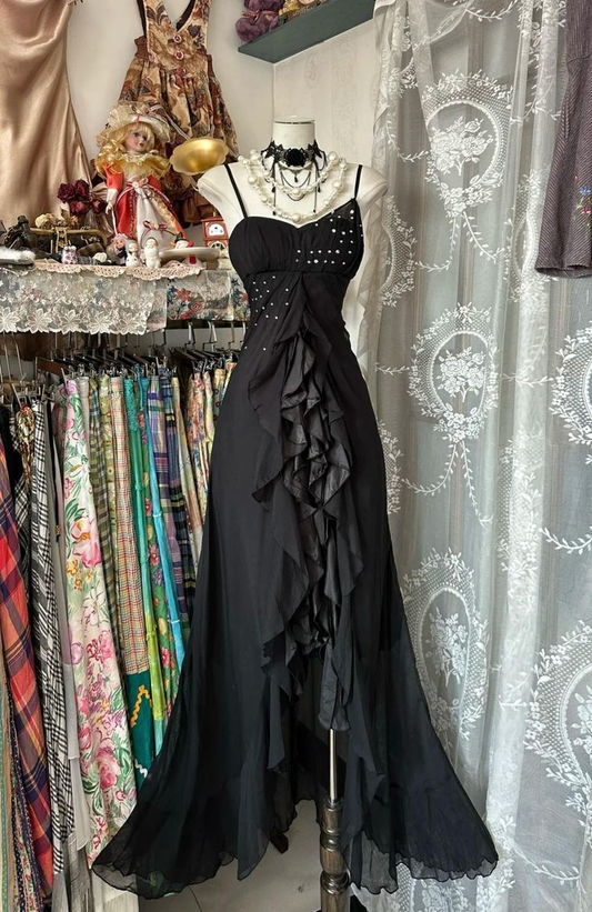 Simple Black Spaghetti Strap Mermaid Chiffon Beaded Prom Dress Evening Dress cc3019