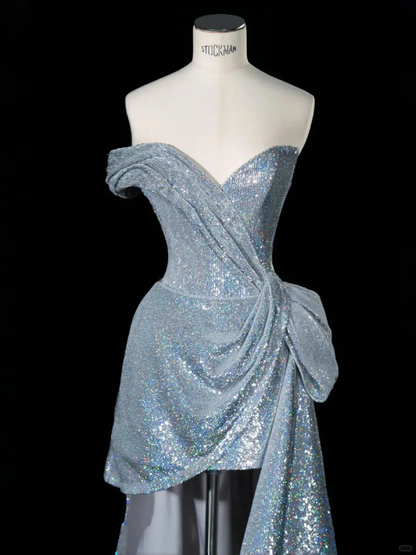 Glitter Strapless Sweetheart Blue Sequin Birthday Outfits 6th Grade Homecoming Dress cc3198