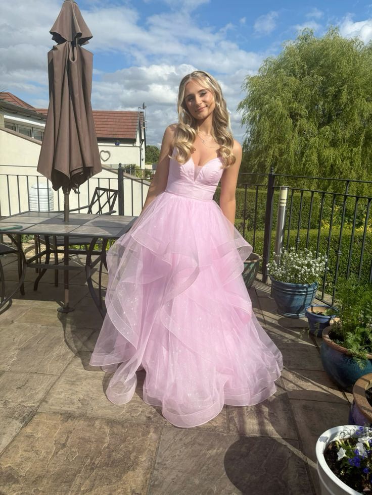 Pretty Pink Tulle Layered Prom Dress A Line Spaghetti Straps Party Evening Dress cc2447