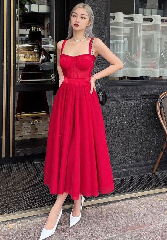Elegant Red A-line Straps Prom Dress,Red Evening Dress cc1212