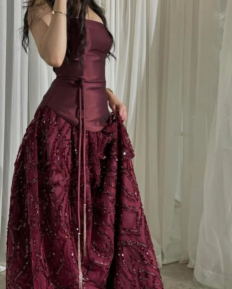 Vintage Burgundy Satin Sequin Evening Dress Formal Prom Dress cc3013