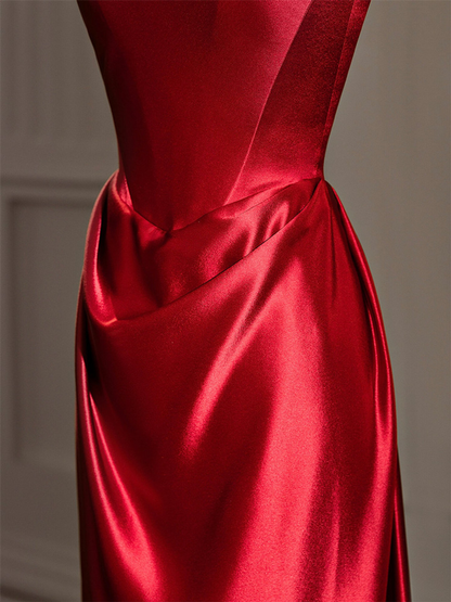 Elegant Red Satin Straps Pleats Prom Dress Long A Line Party Evening Dress cc1515