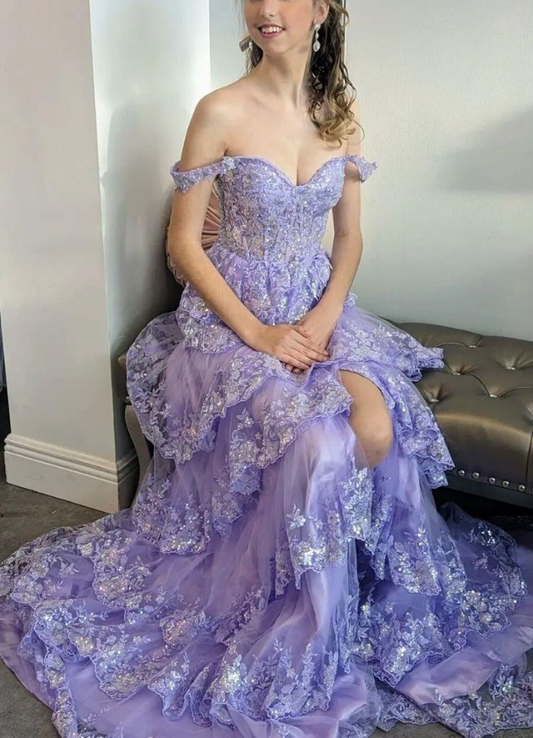 Charming Tulle Appliques Tiered Ruffles Long Prom Dress Slit  Party Evening Gown cc1781