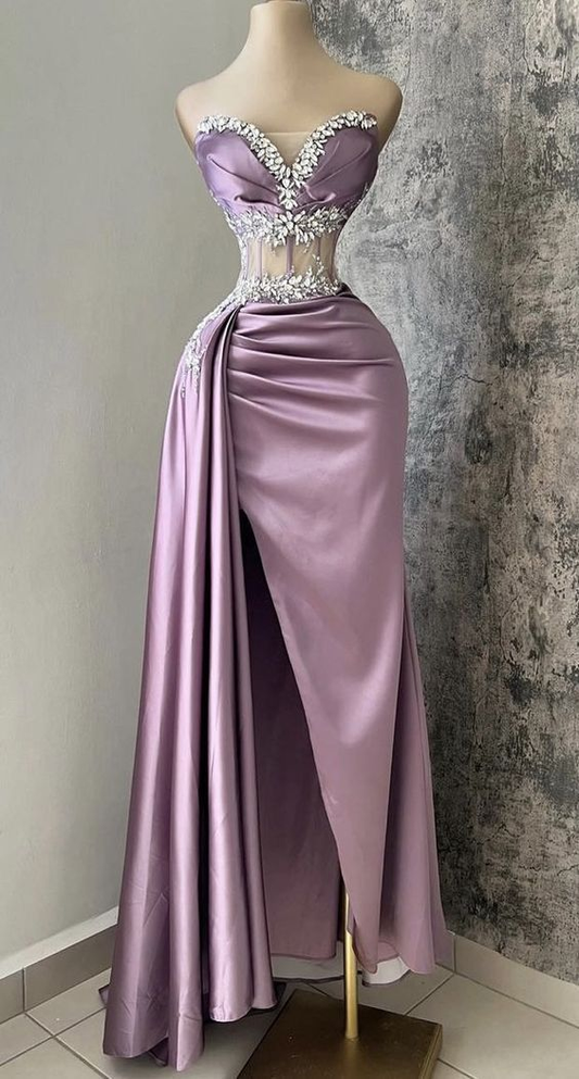 Popular Sweetheart Lilac Beaded Satin Long Prom Dress,Sexy Slit Party Evening Dress cc1775