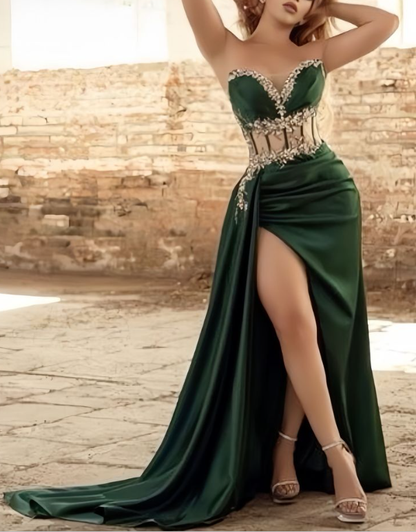 Popular Sweetheart Lilac Beaded Satin Long Prom Dress,Sexy Slit Party Evening Dress cc1775