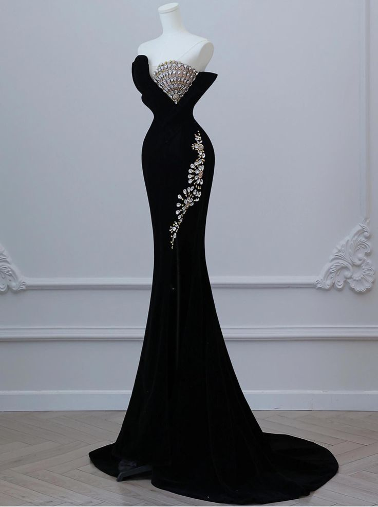 Black Velvet Beaded Prom Dress Formal Mermaid Evening Dress cc1703