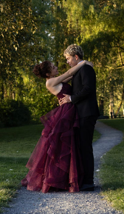 Vintage Burgundy Spaghetti Strap A-Line Multi-Layer Sequin Tulle Long Prom Dress Evening Dress cc5646