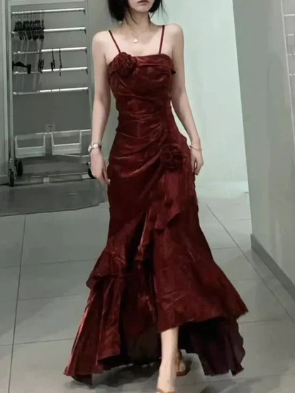 Elegant Mermaid Ruffles Spaghetti Straps Prom Dress With Flower,Formal Party Evening Dress cc1456