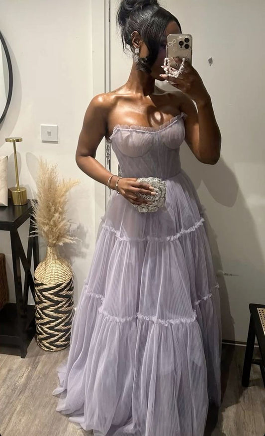 Elegant Purple A-line Tube Top Fishbone Mesh Long Prom Dress Evening Dress 20th Birthday Dress cc4701