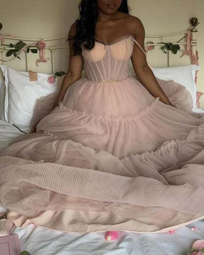 Elegant Purple A-line Tube Top Fishbone Mesh Long Prom Dress Evening Dress 20th Birthday Dress cc4701