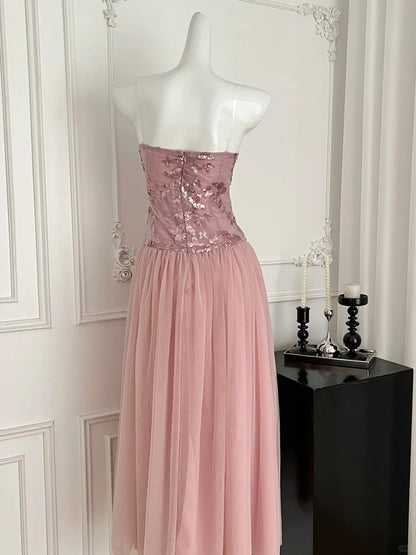 Elegant Pink A-line Tube Top Sequined Tulle Long Prom Dress Evening Dress Bridesmaid Dress cc5271