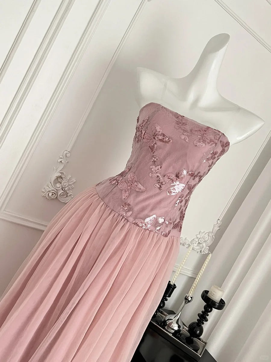 Elegant Pink A-line Tube Top Sequined Tulle Long Prom Dress Evening Dress Bridesmaid Dress cc5271