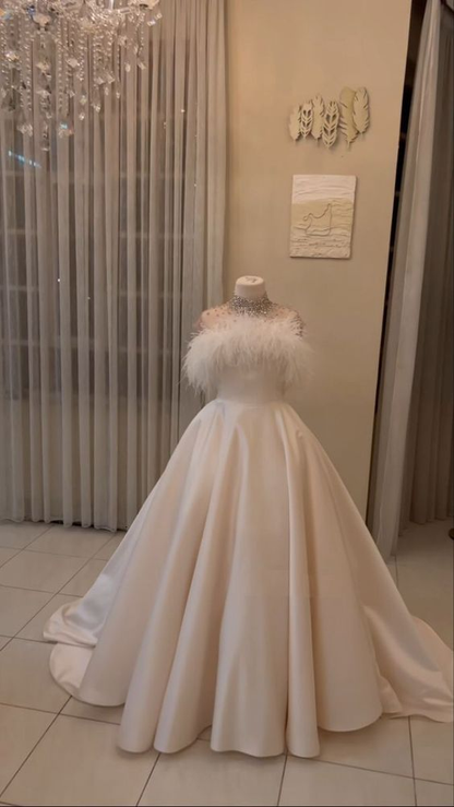 A-line White Satin Wedding Dress,White Bridal Dress cc1091