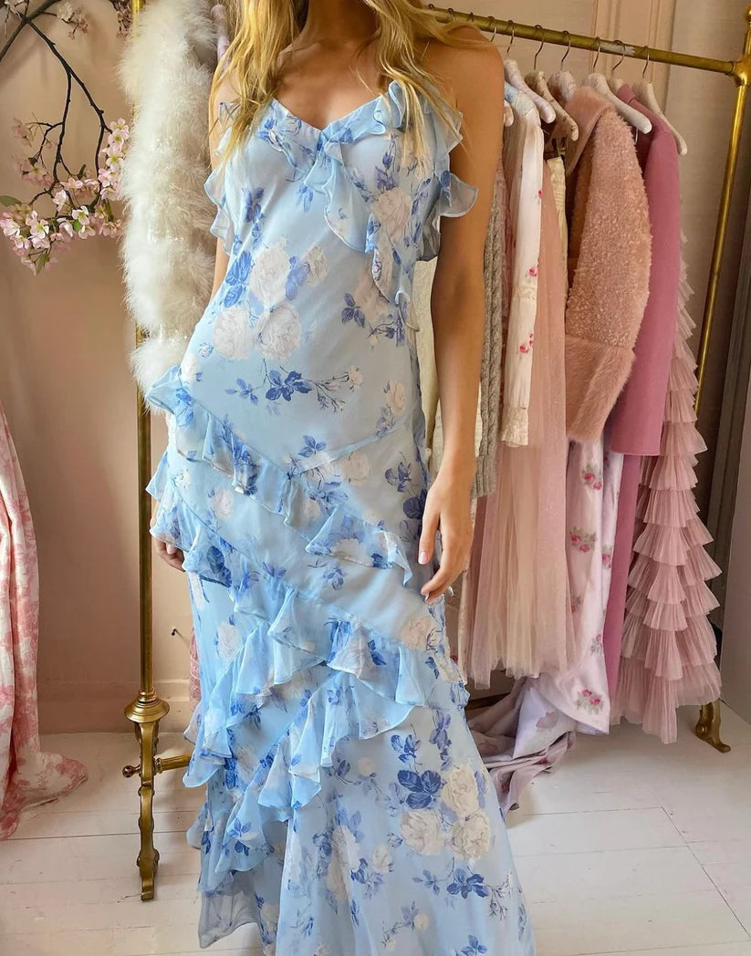 Charming Spaghetti Straps Chiffon Print Prom Dress Ruffles Mermaid Party Evening Gown cc1578