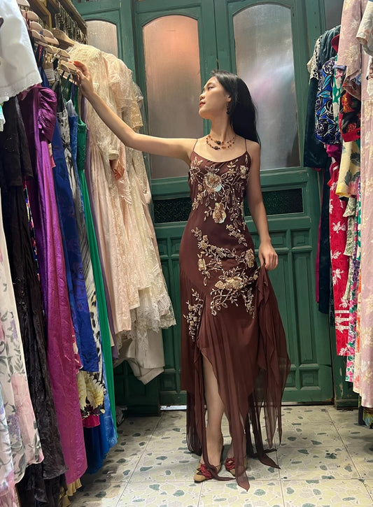 Vintage Brown Irregular Strap Beaded Sequined Prom Dress Evening Dress cc5293