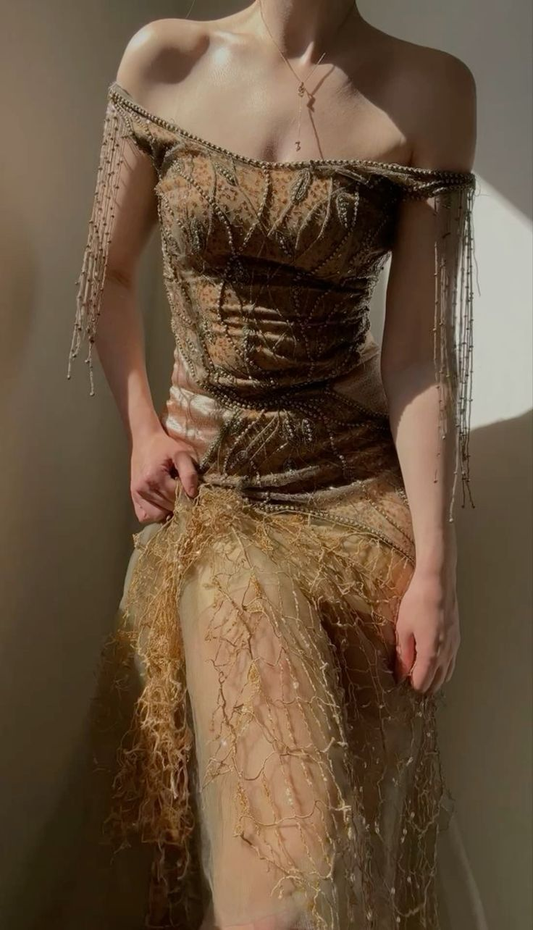 Vintage Off The Shoulder Long Evening Dress Birthday Outfits  cc1683