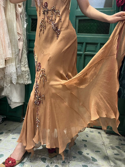 Elegant Brown And Gold Mermaid Halter-Neck Embroidered Beaded Chiffon Long Prom Dress Evening Dress cc5296
