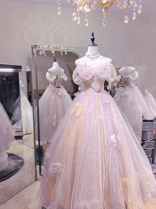 Dreamy Light Pink Off-shoulder Tulle Floor-Length Ball Gown Evening Dress cc5304