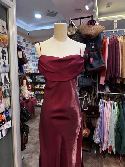 Vintage Burgundy Spaghetti Strap Halter Neck Satin Long Prom Dress Evening Dress cc5307